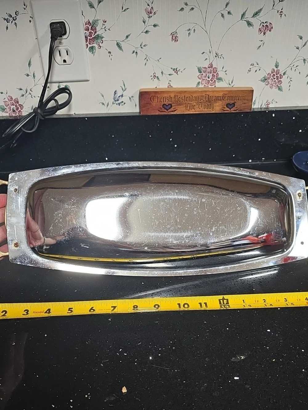 Very Vintage. Silver-Tone Long Serving Tray with Gold Handles